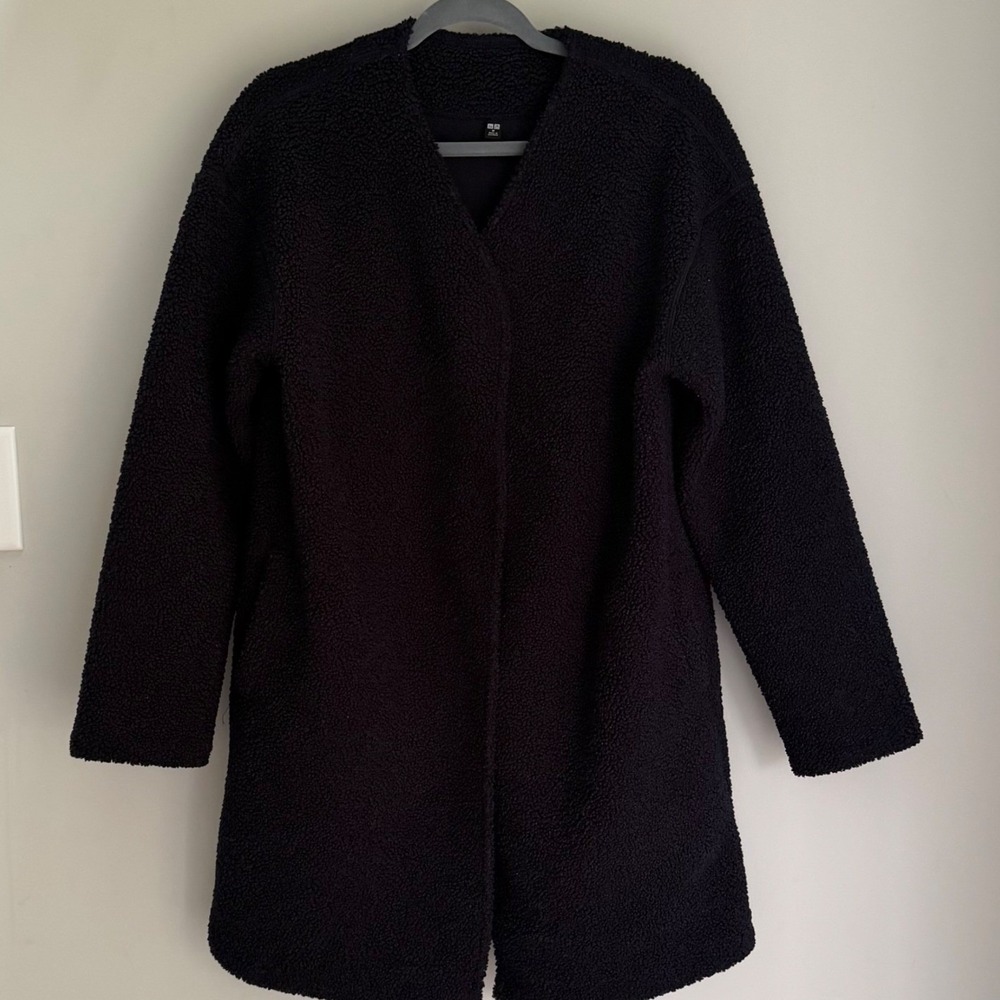 Uniqlo Pile Lined Fleece Coat Jacket Blue Teddy Boa V-Neck Snap Front Size Small